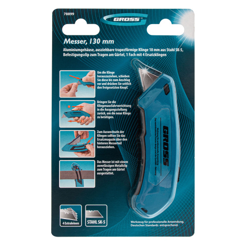 Нож, 130 мм, алюминиевый корпус, выдвижное трапециевидное лезвие 18 мм (SK-5) клипса для ремня, 4 лезвия Gross купить в Москве с доставкой по всей России | ProtosMarket.ru