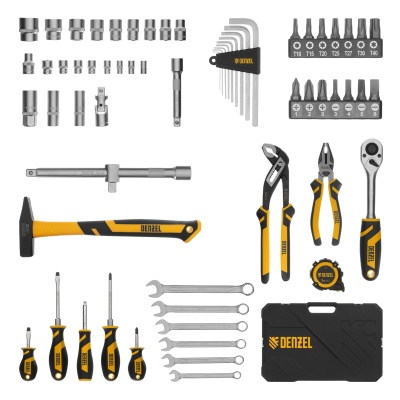 Набор инструментов, 1/2", 1/4", CrV, S2, пластиковый кейс, 64 предмета Denzel купить в Москве с доставкой по всей России | ProtosMarket.ru