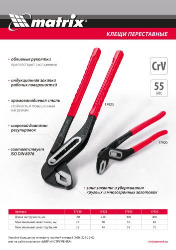 Клещи переставные 180 мм, хром-ванадий, обливные рукоятки Matrix купить в Москве с доставкой по всей России | ProtosMarket.ru