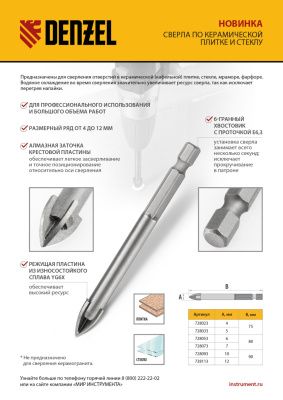 Сверло по керамической плитке 5 мм, крестовая пластина, шестигранный хвостовик// Denzel купить в Москве с доставкой по всей России | ProtosMarket.ru