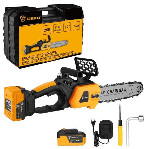 Пила цепная аккумуляторная бесщеточная в кейсе DEKO DKCHS 20, 12", 20В, 2x5.0Ач, з/у купить в Москве с доставкой по всей России | ProtosMarket.ru