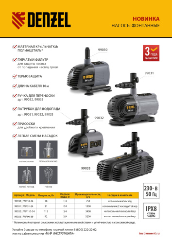 Насос фонтанный FNP31-24, 31 Вт, подъем 2,4 м, 1500 л/ч, колокольчик/2 каскада/гейзер Denzel купить в Москве с доставкой по всей России | ProtosMarket.ru