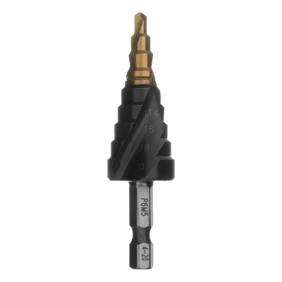 Сверло ступенчатое 4-6-8-10-12-14-16-18-20 мм, Р6М5, 6-гр. хвостовик Denzel купить в Москве с доставкой по всей России | ProtosMarket.ru