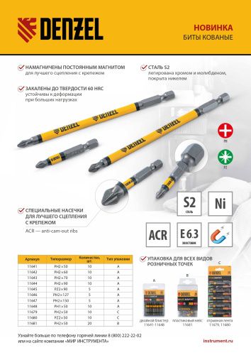 Бита PH2х50, сталь легированная S2, 20 шт., пластиковая коробка, , Е 6,3 Denzel купить в Москве с доставкой по всей России | ProtosMarket.ru