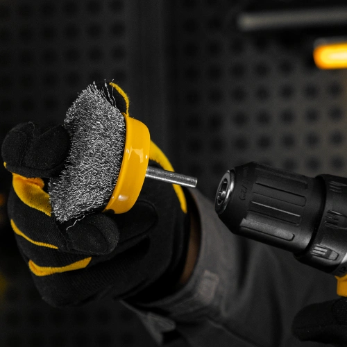 Щетка для дрели, 75 мм, Чашка, со шпилькой, нержавеющая витая проволока Denzel купить в Москве с доставкой по всей России | ProtosMarket.ru