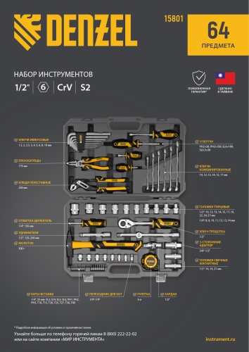 Набор инструментов, 1/2", 1/4", CrV, S2, пластиковый кейс, 64 предмета Denzel купить в Москве с доставкой по всей России | ProtosMarket.ru