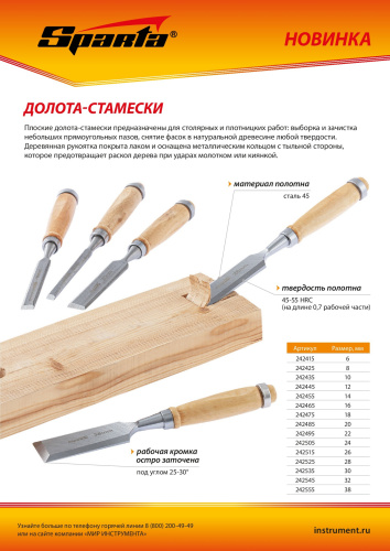 Долото-стамеска 22 мм, деревянная рукоятка Sparta купить в Москве с доставкой по всей России | ProtosMarket.ru