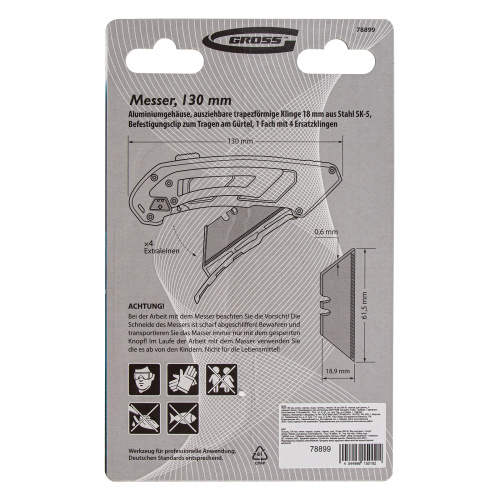 Нож, 130 мм, алюминиевый корпус, выдвижное трапециевидное лезвие 18 мм (SK-5) клипса для ремня, 4 лезвия Gross купить в Москве с доставкой по всей России | ProtosMarket.ru