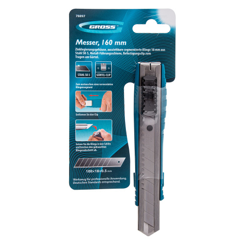 Нож, 160 мм, металлический корпус, выдвижное сегментное лезвие 18 мм (SK-5) металлическая направляющая, клипса для ремня Gross купить в Москве с доставкой по всей России | ProtosMarket.ru