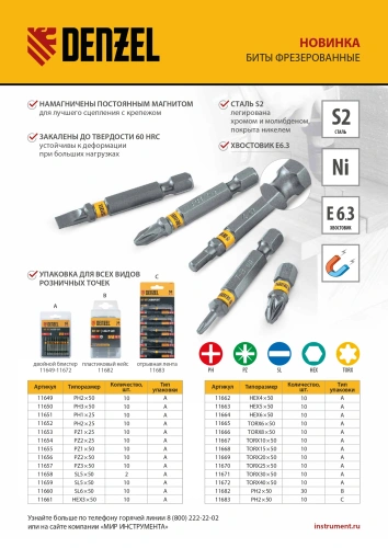 Бита PZ3х50, сталь S2, шестигранный профиль, 10 шт. Е 6,3 Denzel купить в Москве с доставкой по всей России | ProtosMarket.ru