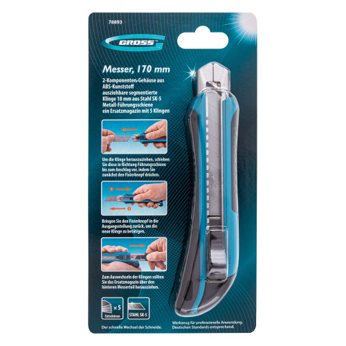 Нож, 170 мм, обрезиненный ABS-корпус, выдвижное сегментное лезвие 18 мм (SK-5) металлическая направляющая, 5 запасных лезвий Gross купить в Москве с доставкой по всей России | ProtosMarket.ru