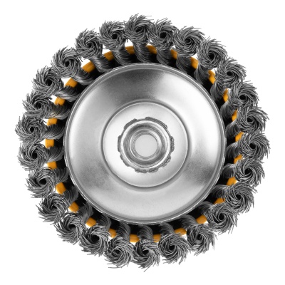 Щетка для УШМ, 125 мм, "Чашка", крученая нержавеющая проволока 0.5 мм, М14 Denzel купить в Москве с доставкой по всей России | ProtosMarket.ru