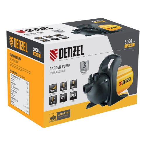 Садовый поверхностный насос GP 600, 600 Вт, 3000 л/ч, подъем 35 м, пластик Denzel купить в Москве с доставкой по всей России | ProtosMarket.ru