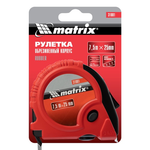 Рулетка Rubber,7,5 м х 25 мм,обрезиненный корпус Matrix купить в Москве с доставкой по всей России | ProtosMarket.ru