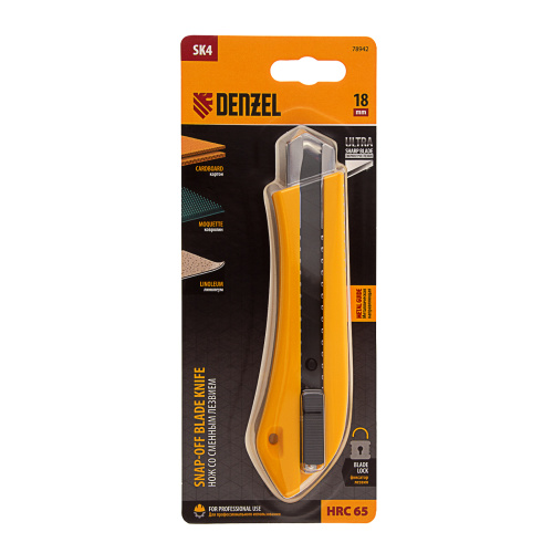 Нож, 18 мм, сменное лезвие, SK4, метал. направляющая, нажимной фиксатор Denzel купить в Москве с доставкой по всей России | ProtosMarket.ru
