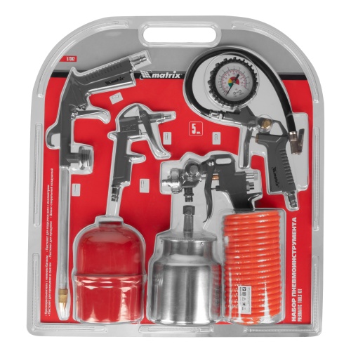 Набор пневмоинструмента, 5 предметов, быстросъемное соединение, краскораспылитель с нижним бачком// Matrix купить в Москве с доставкой по всей России | ProtosMarket.ru
