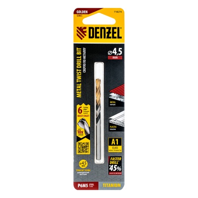 Сверло спиральное по металлу 4,5 x 80мм, Р6М5, Golden Tip, многогранная заточка Denzel купить в Москве с доставкой по всей России | ProtosMarket.ru