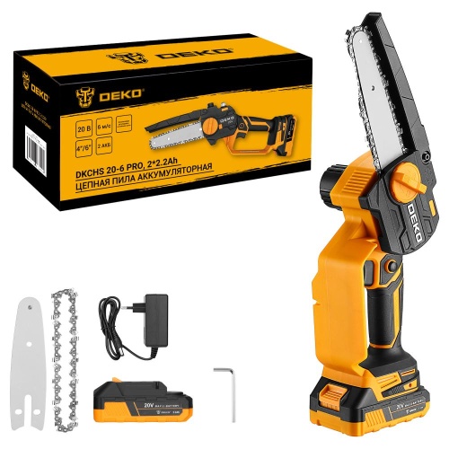 Пила цепная аккумуляторная DEKO DKCHS 20-6 PRO, 4" и 6", 20В, 2x2.2Ач, 2 шины и 2 цепи купить в Москве с доставкой по всей России | ProtosMarket.ru