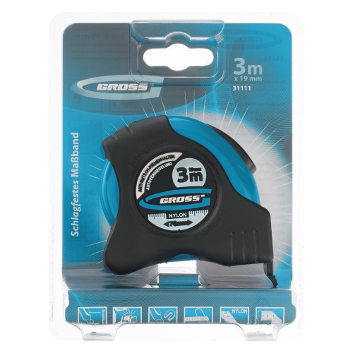Рулетка "Schlagfest",3 м x 19 мм,магнитный обрезиненный зацеп,двусторонняя шкала,Нейлоновое покрытие,автоматическая фиксация Gross купить в Москве с доставкой по всей России | ProtosMarket.ru