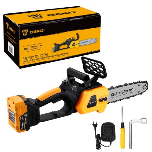 Пила цепная аккумуляторная бесщеточная DEKO DKCHS 20, 10", 20В, 1x4.0Ач, з/у купить в Москве с доставкой по всей России | ProtosMarket.ru