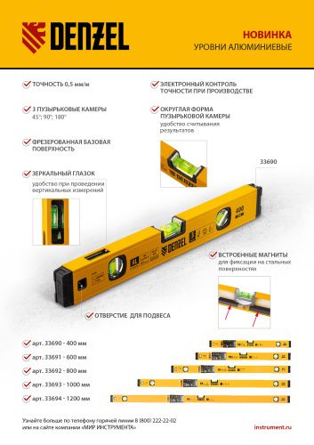 Уровень алюминиевый, магнит., фрезерованный, 3 глазка (1 зеркал.) 0,5 мм/м, 400 мм Denzel купить в Москве с доставкой по всей России | ProtosMarket.ru