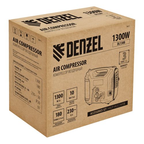 Компрессор воздушный DL1300, 10 бар, 1,3 кВт 180 л/мин 5 л, с набором аксессуаров Denzel купить в Москве с доставкой по всей России | ProtosMarket.ru