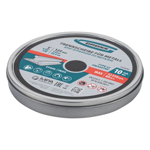 Круг отрезной по металлу, 125 х 1,0 х 22,2 мм, SWA60TBF, в метал.банке, 10 шт. Gross купить в Москве с доставкой по всей России | ProtosMarket.ru