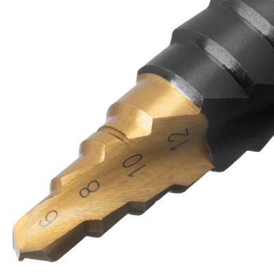 Сверло ступенчатое, 6-8-10-12-14-16-18-20-22-24-26-28-30мм, Р6М5, 6-гр. хвостовик Denzel купить в Москве с доставкой по всей России | ProtosMarket.ru