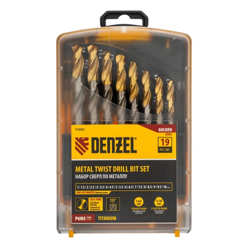 Набор сверл по металлу, 1-10 мм, Р6М5-TiN, Golden Tip, 19 шт Denzel купить в Москве с доставкой по всей России | ProtosMarket.ru