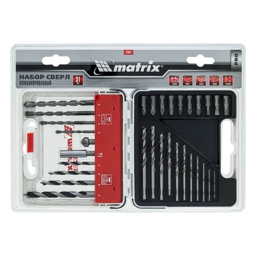 Набор сверл комбинированный, сверла по металлу 1-6 мм, бетону 4-8 мм, дереву 4-8 мм, биты 10 шт, адаптер, зенковка, 31 предмет Pro Matrix купить в Москве с доставкой по всей России | ProtosMarket.ru