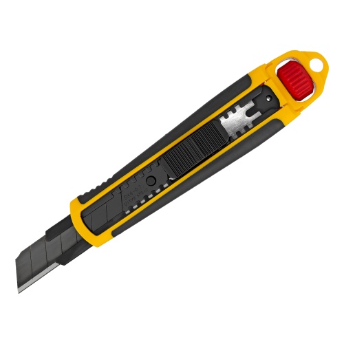 Нож, 18 мм, сменное лезвие, SK4, корпус из ABS + TPR, торцевой зажим Denzel купить в Москве с доставкой по всей России | ProtosMarket.ru