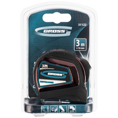 Рулетка "Doppelhaken",3 м x 16 мм,односторонний зацеп,Нейлон,двусторонняя шкала,автоматическая фиксация Gross купить в Москве с доставкой по всей России | ProtosMarket.ru
