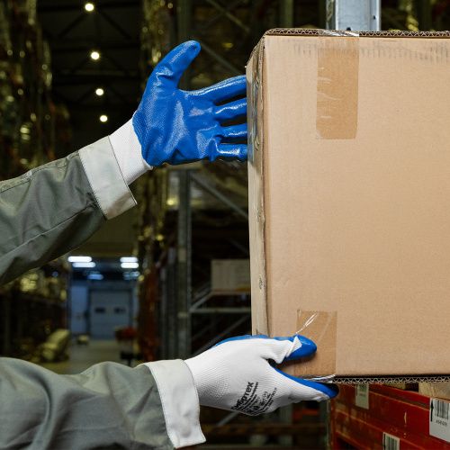 Перчатки полиэфирные с синим нитрильным покрытием, размер 9, 13 класс вязки Сибртех купить в Москве с доставкой по всей России | ProtosMarket.ru