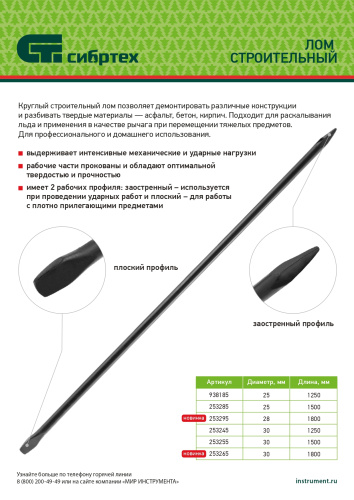Лом строительный, D 28 мм, L 1800 мм, круглый Сибртех купить в Москве с доставкой по всей России | ProtosMarket.ru