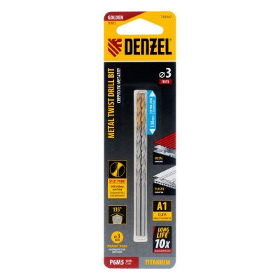Сверло спиральное по металлу 3 х 100 мм, Р6М5, Golden Tip, удлиненное, 2шт. Denzel купить в Москве с доставкой по всей России | ProtosMarket.ru
