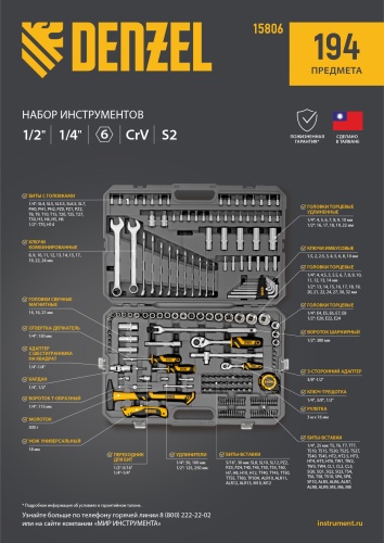 Набор инструментов, 1/2", 1/4", CrV, S2, пластиковый кейс, 194 предмета Denzel купить в Москве с доставкой по всей России | ProtosMarket.ru