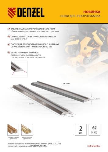 Ножи для эл. рубанка, Р6М5, 82мм, 2шт Denzel купить в Москве с доставкой по всей России | ProtosMarket.ru