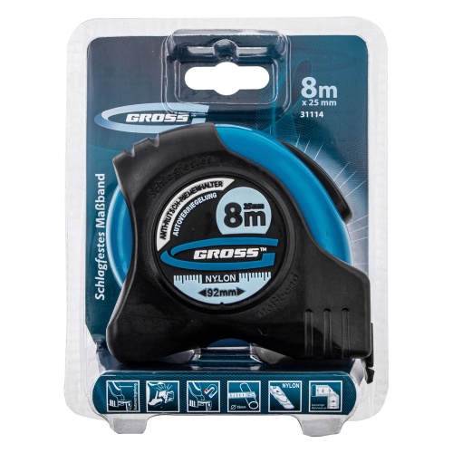 Рулетка "Schlagfest",8 м x 25 мм,магнитный обрезиненный зацеп,двусторонняя шкала,Нейлоновое покрытие,автоматическая фиксация Gross купить в Москве с доставкой по всей России | ProtosMarket.ru