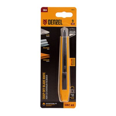 Нож, 9 мм, сменное лезвие, SK4, метал. направляющая, клипса, нажимной фиксатор Denzel купить в Москве с доставкой по всей России | ProtosMarket.ru