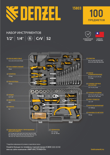 Набор инструментов, 1/2", 1/4", CrV, S2, пластиковый кейс, 100 предметов Denzel купить в Москве с доставкой по всей России | ProtosMarket.ru