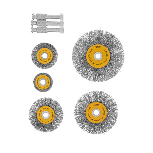 Набор щеток для дрели, 5 Плоских 25-38-50-63-75 мм, шпилька, нерж. вит. проволока Denzel купить в Москве с доставкой по всей России | ProtosMarket.ru
